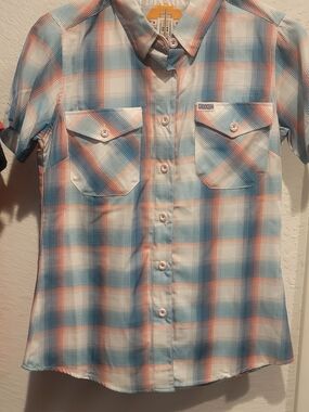 DIXXON THE 305 Womans Short-Sleeve Plaid Button-Down in Blue & Peach Size Small